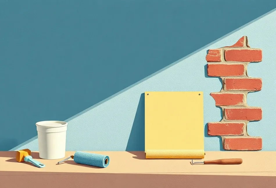 Outils de peinture disposés dans l'ordre des étapes du chantier