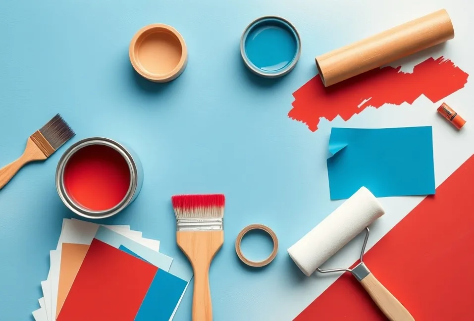 Pots de peinture, nuancier, brosses et rouleaux disposés à plat
