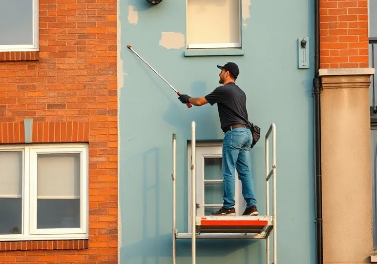 Peintre sur échafaudage traitant la façade d'une maison